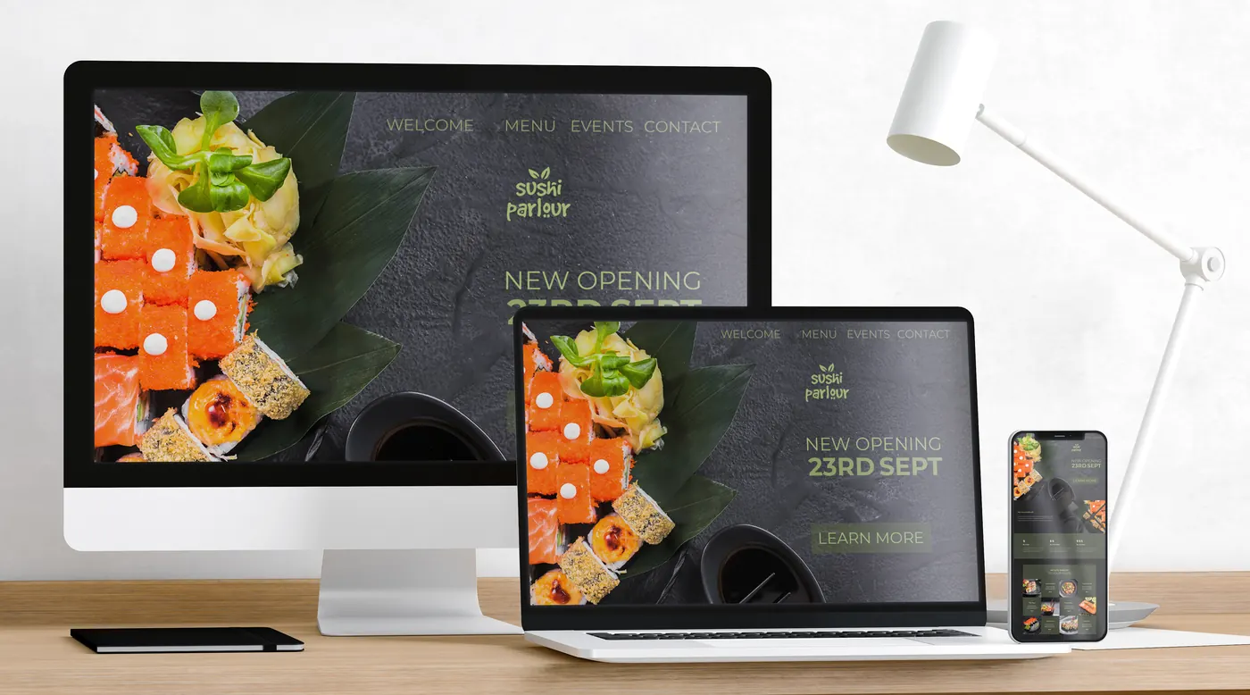 Responsive ιστοσελίδα εστιατορίου σε υπολογιστή, laptop και κινητό