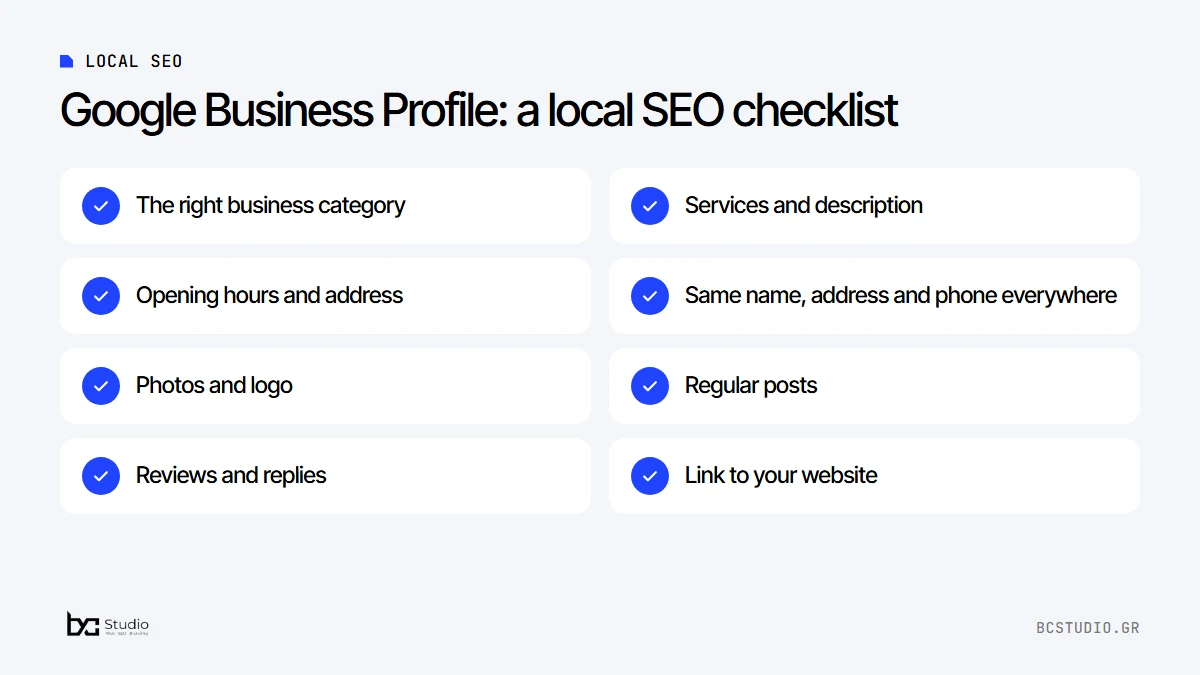 Local SEO checklist for Google Business Profile: category, services, opening hours, photos, posts and reviews