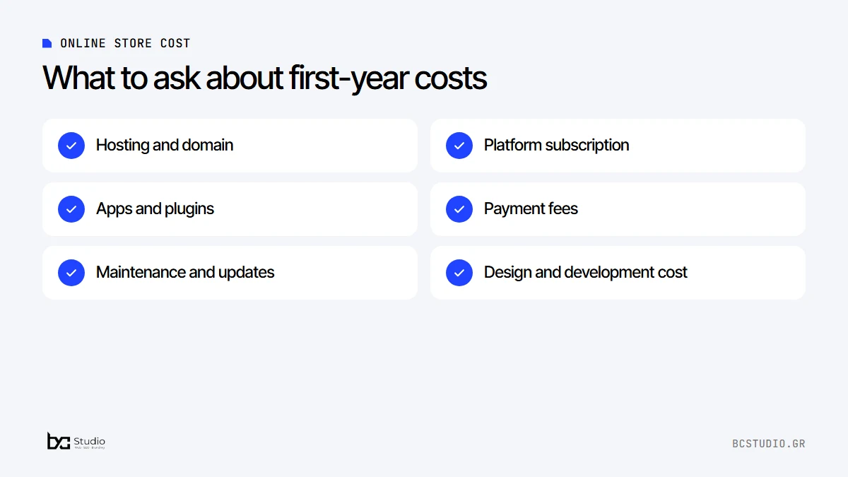 Online store cost: what to ask about hosting, platform subscription, apps, payment fees and maintenance in the first year