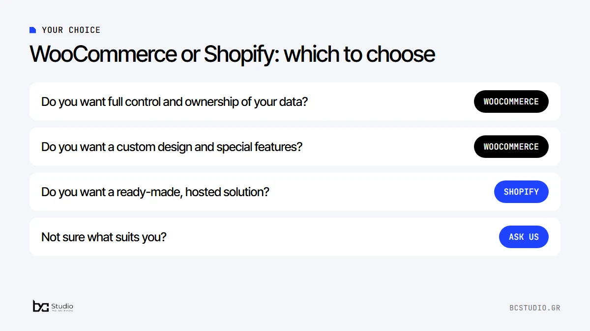 Which online store to choose: WooCommerce for control and custom design, Shopify for a ready-made hosted solution